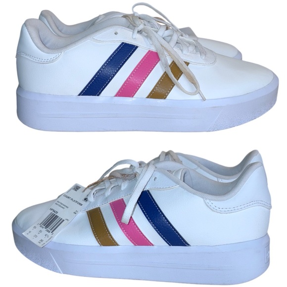 Adidas Women's White Sneakers with Pink, Blue, and Gold Stripes - Picture 7 of 16